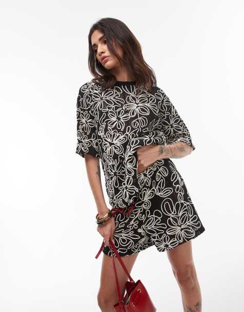 Topshop boxy floral applique top in black and white print - part of a set - view 1