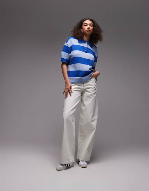 Topshop boxy knitted polo in blue stripe, 2 of 4