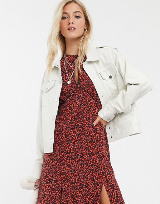 Topshop boxy leather jacket in white