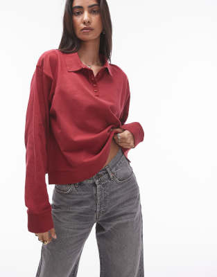 boxy long sleeve polo top in dark red-No color