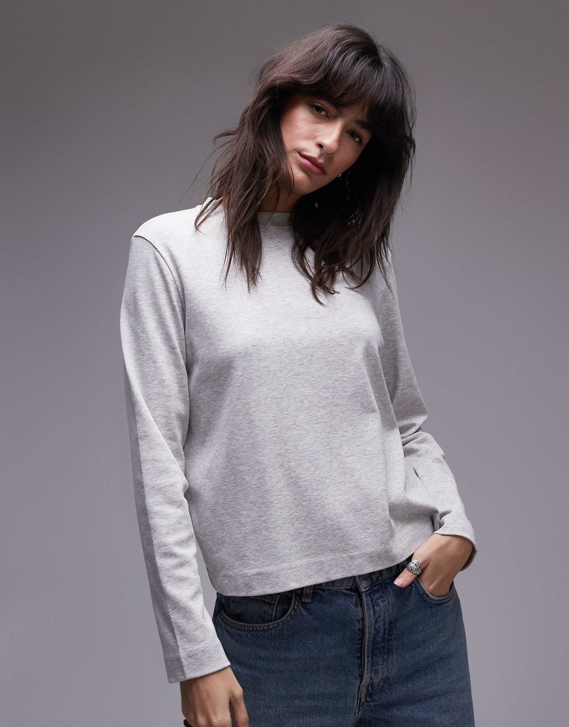 topshop boxy long sleeve top in heather gray