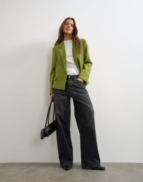 Topshop boxy mellemlang blazer i olivengrøn - view 1
