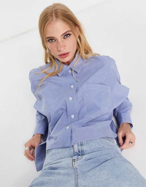 Topshop boxy striped cut about shirt in blue | ASOS