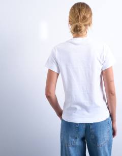 Model wearing Boxy tee in white