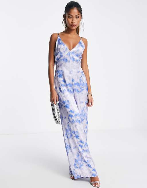 Topshop bra button back tie dye satin jumpsuit in blue | ASOS