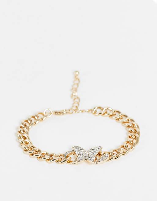 Topshop - Bracciale in catenina color oro con farfalla pavé