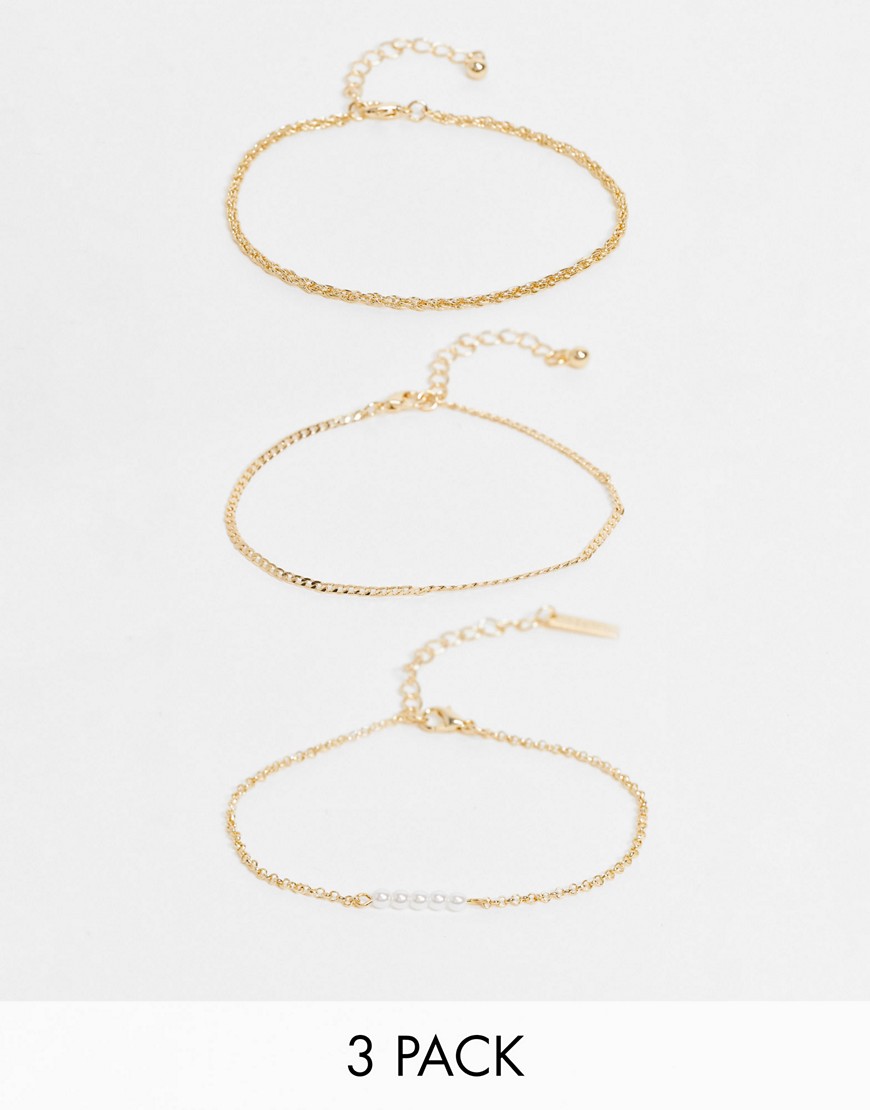 Topshop bracelet multipack x 3 in gold with pearl and twist chain detail