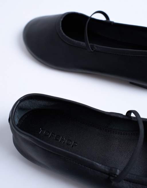 Topshop Brad leather ballerina flats with elastic strap in black