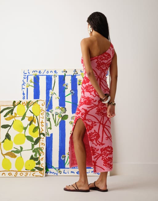 Topshop Bradley B knit one-shoulder pattern dress in red and pink, 3 of 4