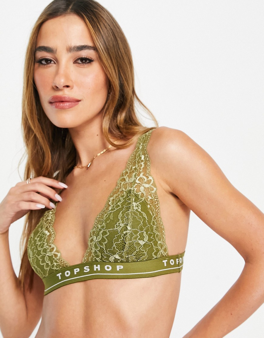 Topshop branded lace triangle bra in khaki-Green