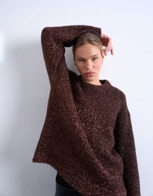 Topshop - Brauner Oversize-Strickpullover in Lametta-Optik mit weiten Ärmeln-Brown