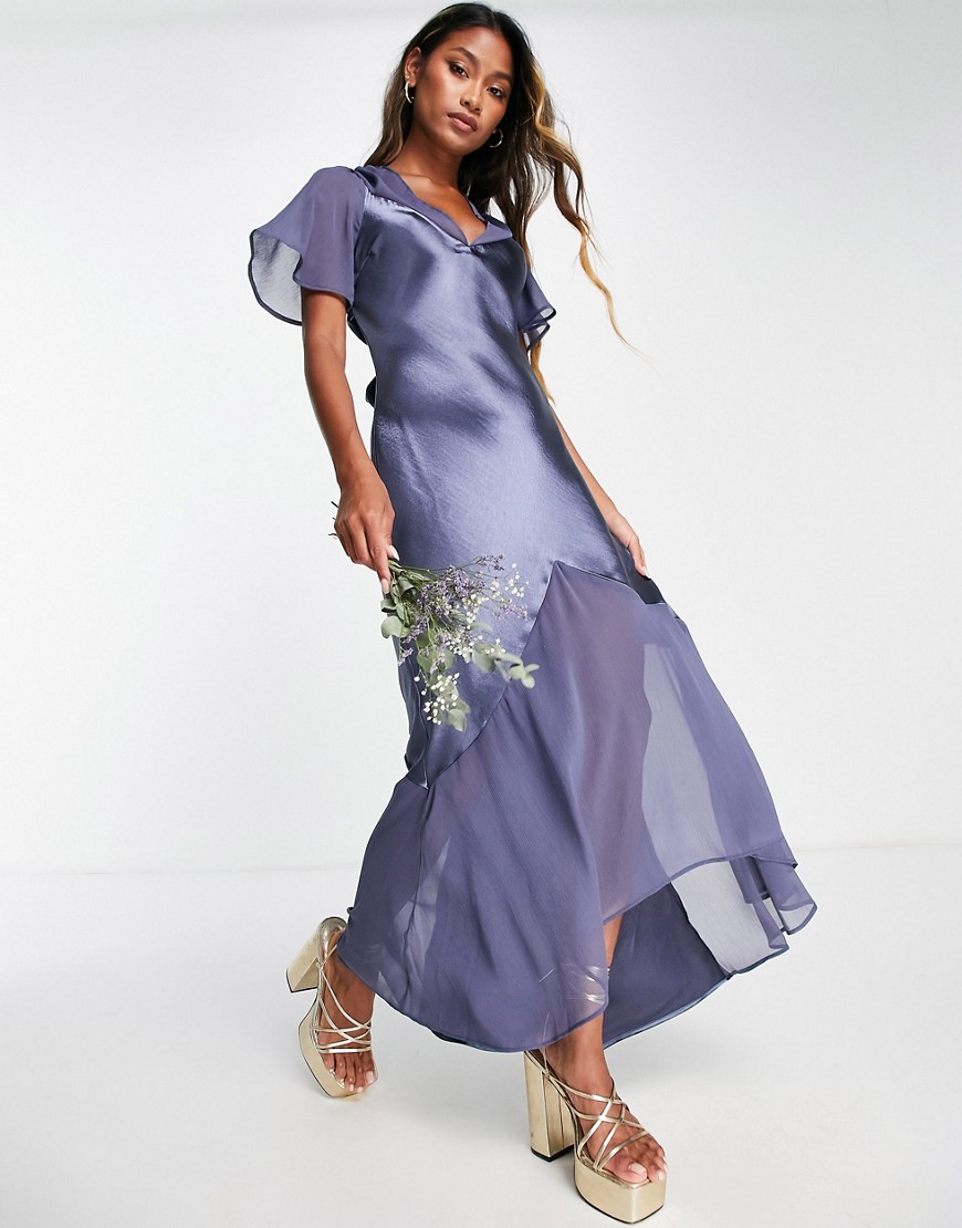 topshop -  – Brautjungfernkleid aus verschiedenen Stoffen in Marineblau mit Flügelärmeln