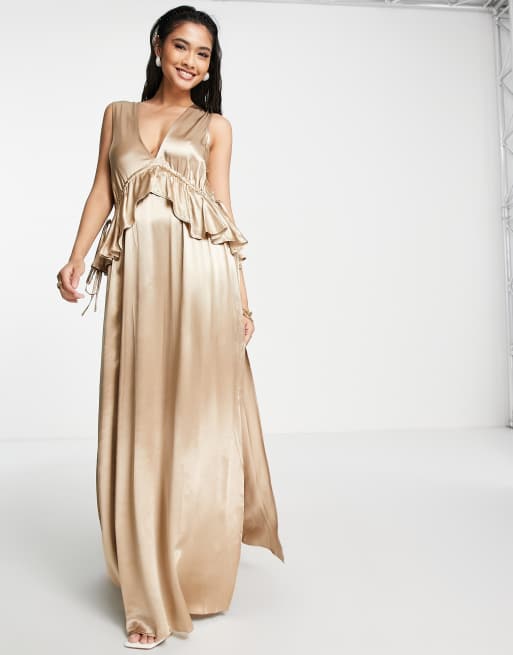 Topshop – Brautjungfernkleid in Gold mit gerüschtem Schößchen - NAVY, 3 von 4