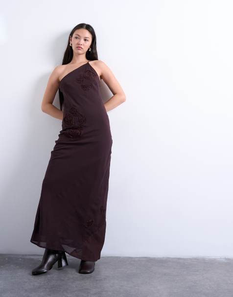 Topshop asymmetric one shoulder 3D flower midi dress in chocolate