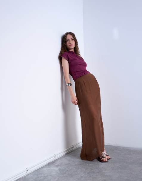 Topshop double layer sheer straight skirt in brown
