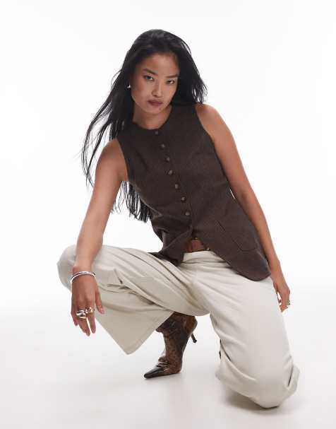 Topshop longline pocket waistcoat in brown chevron