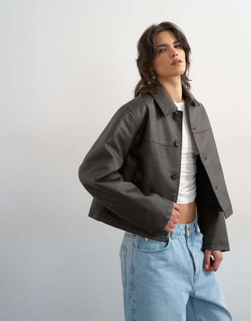 Topshop – Brązowa krótka kurtka z imitacji skóry, 4 z 4