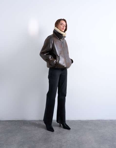 Topshop oversized funnel tab detail shearling bomber in brown