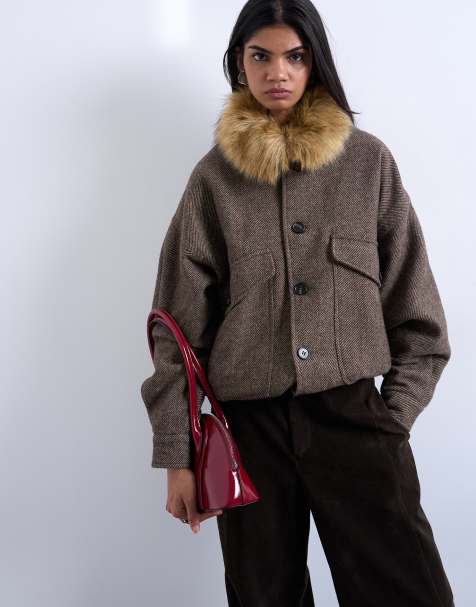 Topshop twill bomber with faux fur collar with wool in brown