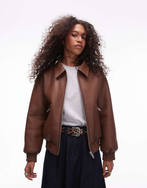 Topshop faux leather shearling bomber jacket in tan