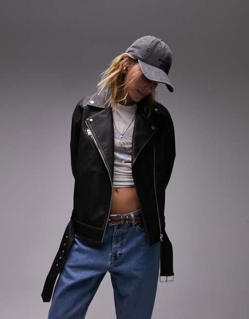 Topshop – Brązowa kurtka oversize typu biker z imitacji skóry z efektem sprania