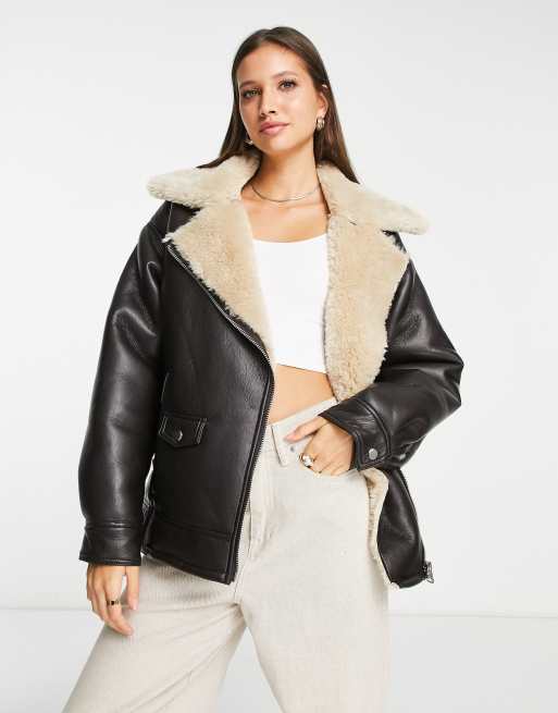 Topshop – Brązowa kurtka pilotka oversize typu biker ze sztucznym kożuszkiem