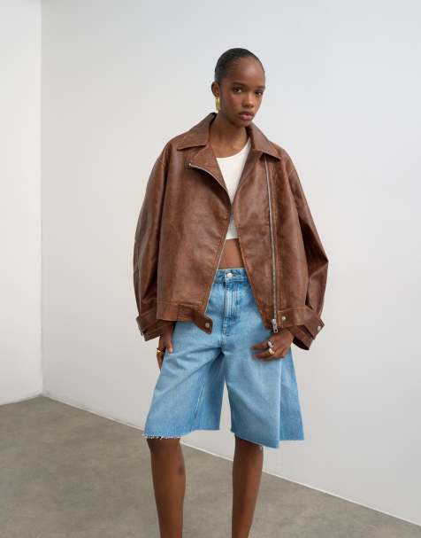 Topshop – Brązowa kurtka typu biker z imitacji skóry z wysokim kołnierzem i efektem sprania - view 1