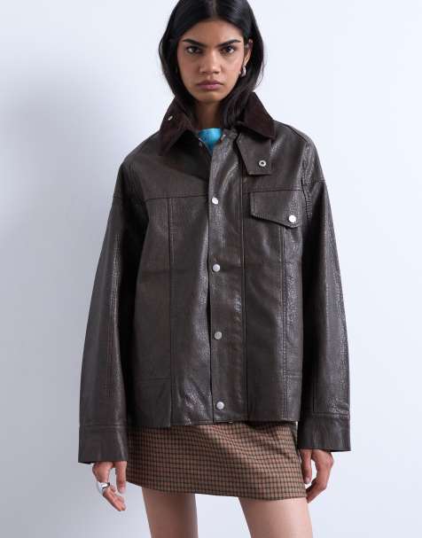 Topshop faux leather cord collar jacket in brown