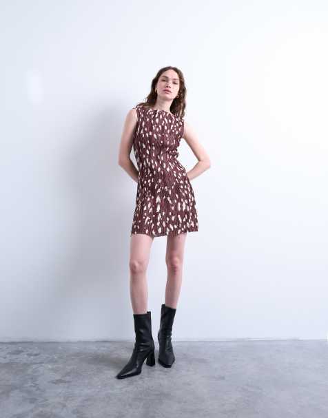 Topshop abstract animal print plisse mini dress in brown