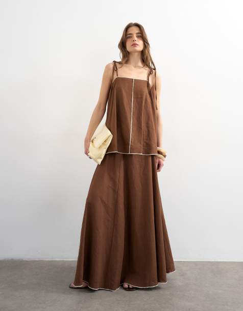 Topshop – Brązowa spódnica maxi o wysokiej zawartości lnu z kontrastową wypustką, część zestawu - view 1