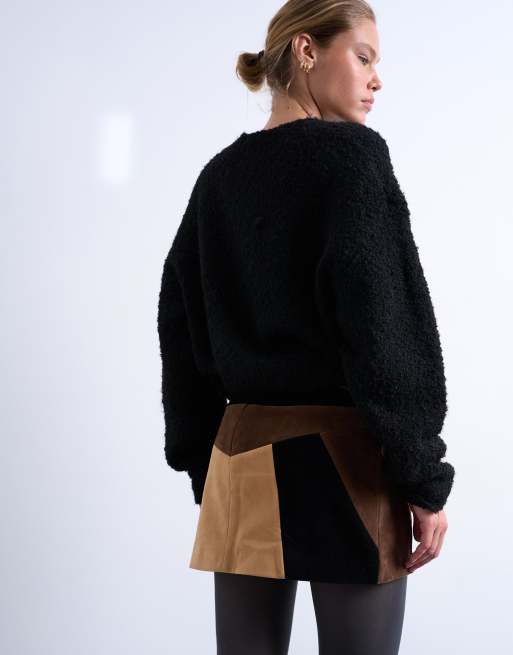Topshop – Brązowa spódnica mini z imitacji zamszu z patchworkowym wzorem, 4 z 5