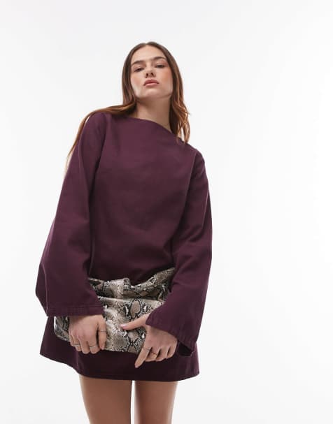 Topshop denim slash neck long sleeve dress in aubergine