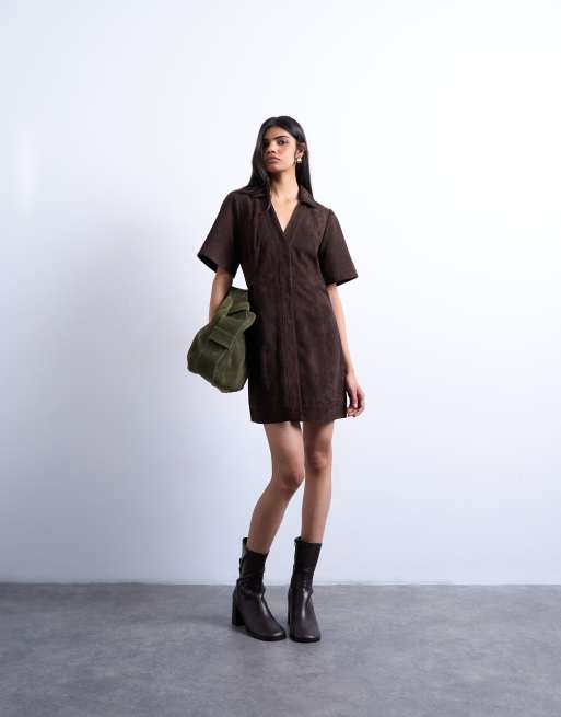 Topshop – Brązowa sukienka koszulowa mini z otwartym kołnierzykiem z naturalnego zamszu