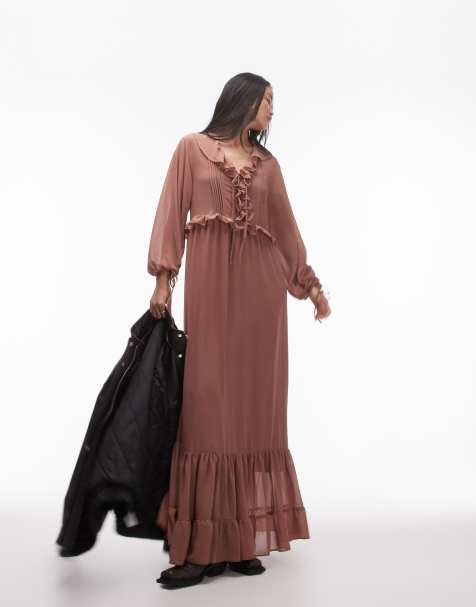 Topshop long sleeve maxi dress with pintuck detail in spice