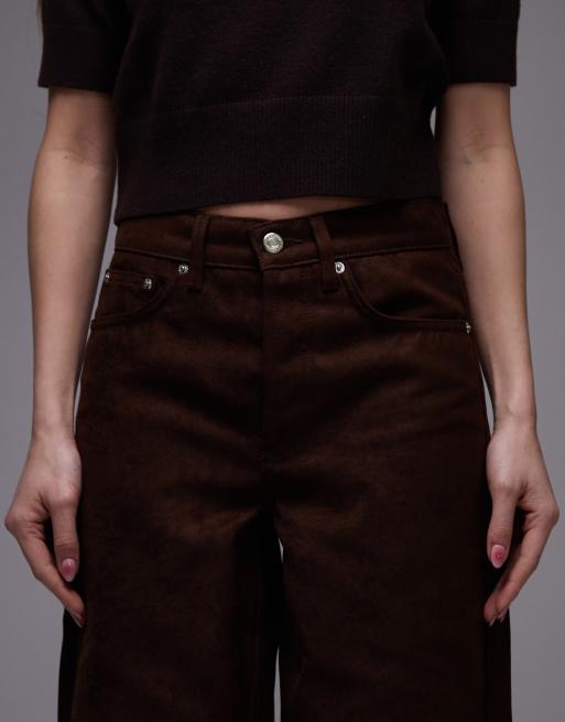 Topshop – Brązowe kolumnowe jeansy z imitacji zamszu, 3 z 4