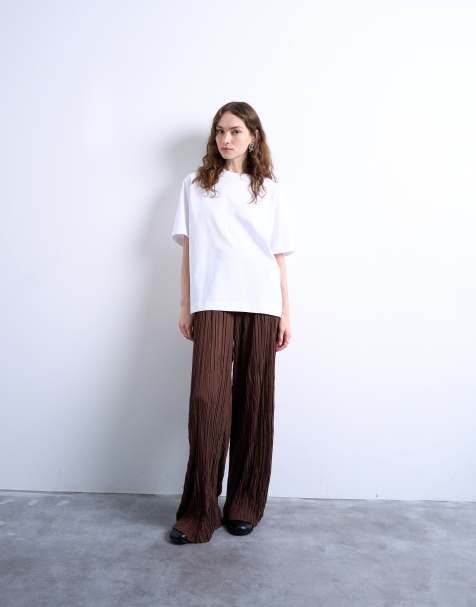 Topshop crinkle wide leg trousers in chocolate brown