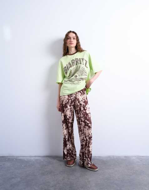 Topshop abstract animal print plisse trousers in brown