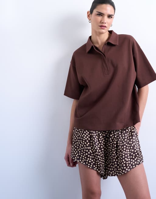 Topshop – Brązowe satynowe szorty bokserki w groszki, 4 z 5