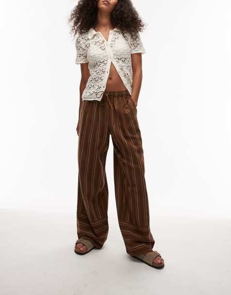 Topshop Linen brown stripe deep cuff straight leg trouser in brown