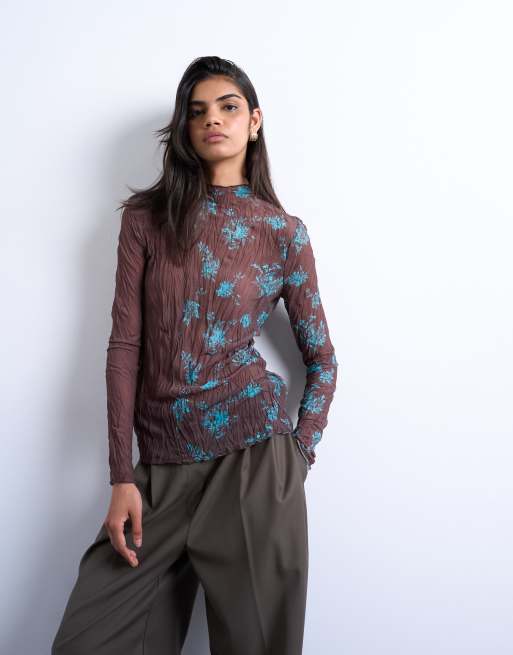 Topshop – Brązowo-turkusowy top z marszczeniami, podwójnym wzorem i długimi rękawami