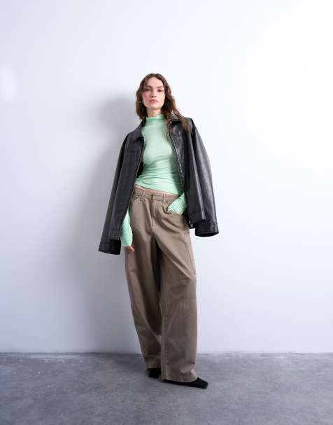 Topshop – Brązowoszare spodnie z baryłkowymi nogawkami i ozdobnymi przeszyciami - view 1