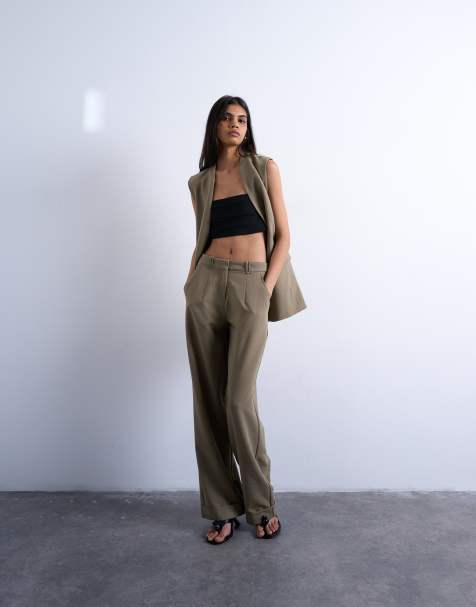 Topshop twill straight leg trouser in mushroom