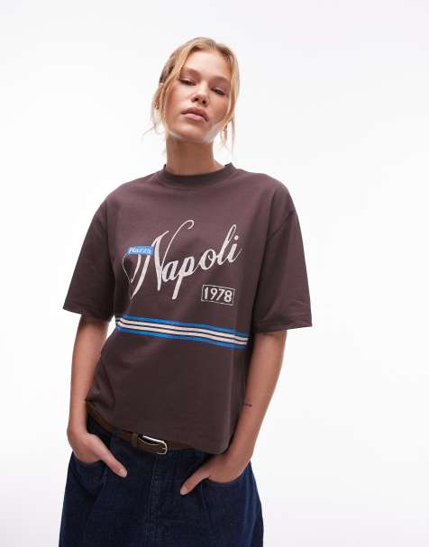 Topshop – Brązowy, dżersejowy top oversize z graficznym napisem „Napoli" - view 1