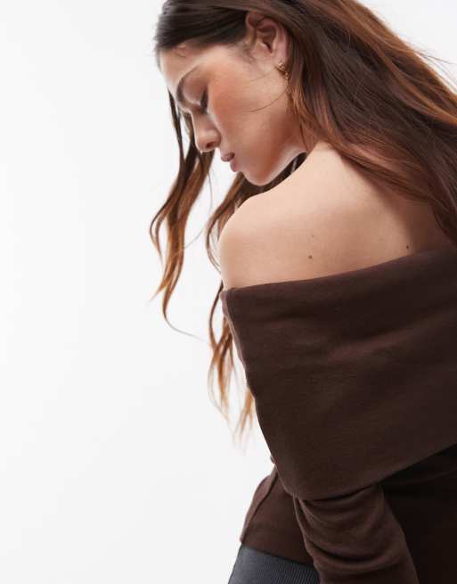 Topshop – Brązowy dżersejowy top z odkrytymi ramionami, 3 z 4