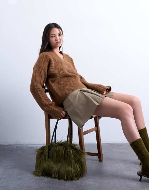 Topshop knitted v neck jumper in brown