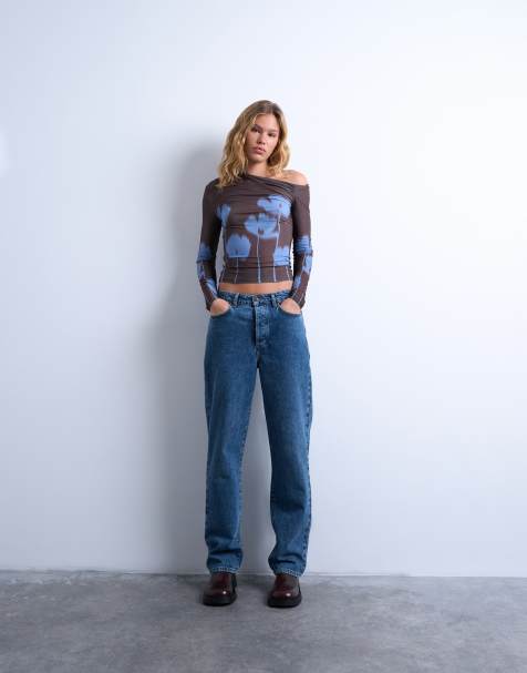 Topshop – Brązowy marszczony top z długimi rękawami z mikrofibry w kwiatowy wzór - view 1