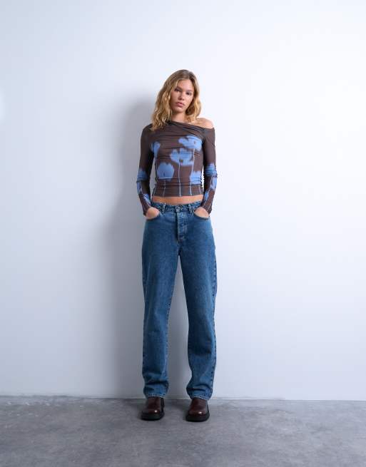Topshop – Brązowy marszczony top z długimi rękawami z mikrofibry w kwiatowy wzór