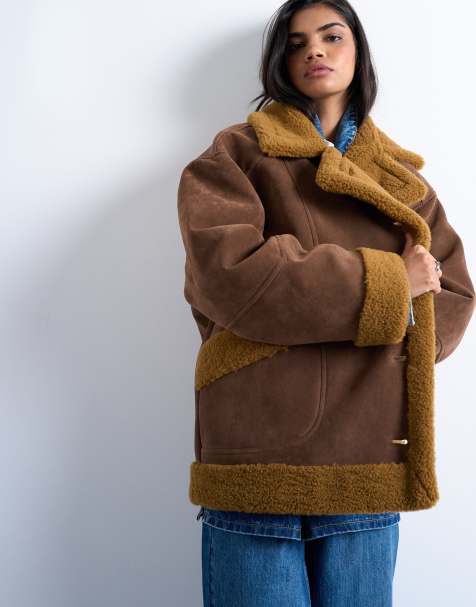 Topshop – Brązowy płaszcz oversize ze sztucznego kożuszka - view 1