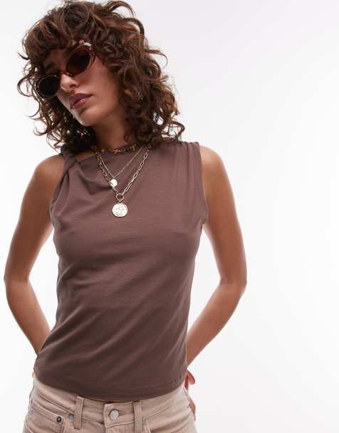 Topshop jersey twist strap slinky top in brown