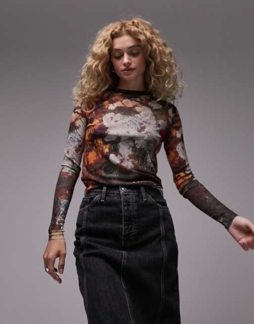 Topshop – Brązowy siateczkowy top z długimi rękawami i grafiką National Gallery z motywem prac Adolphe'a Monticellego